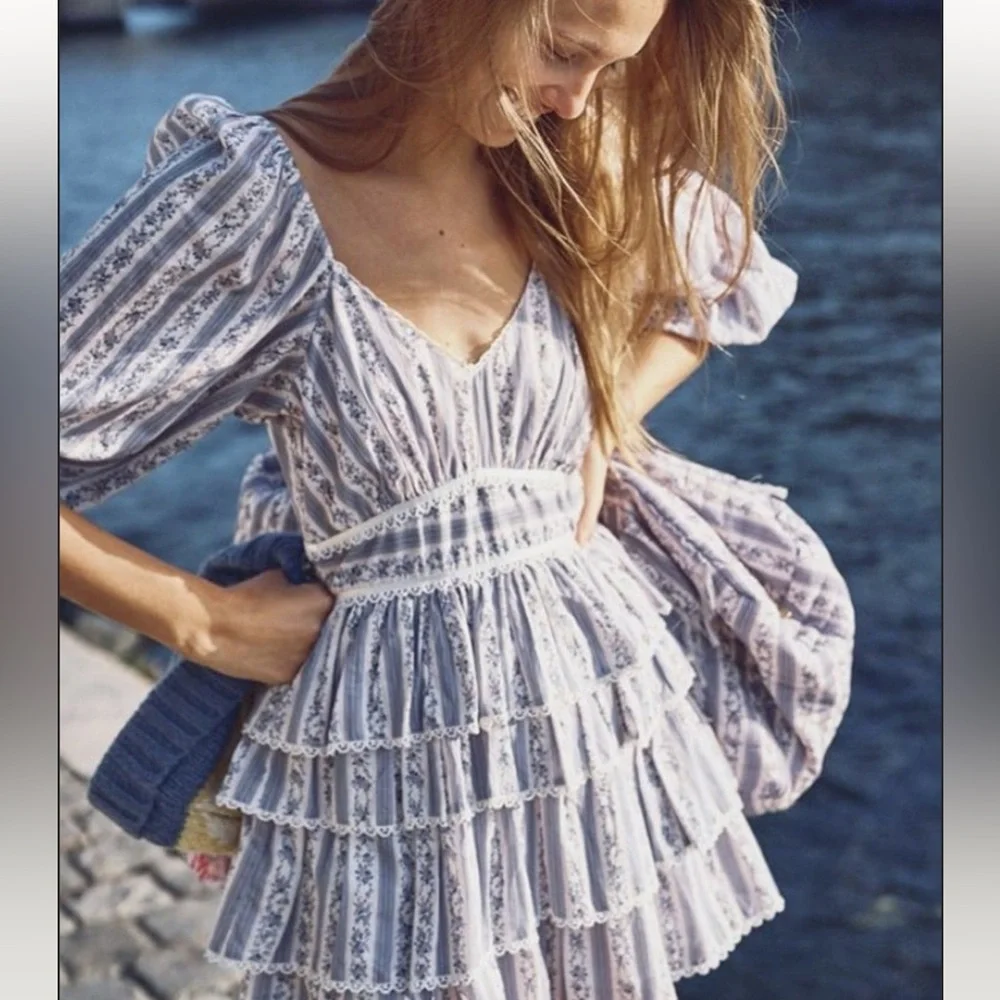 LoveShackFancy Blue and White Striped Mini Dress - Picture 2 of 8